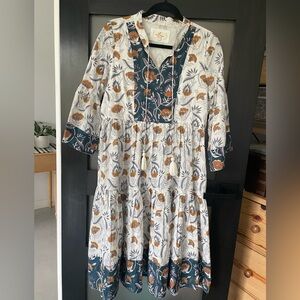 Elegant Floral Midi Dress in Blue and Orange